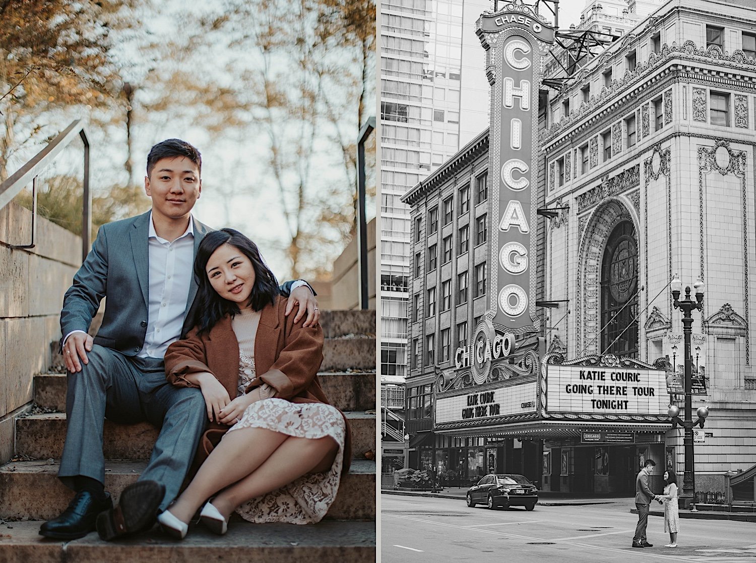 Couple poses sitting on steps and in front of the Chicago theatre
